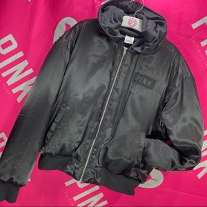 💗 VS PINK 💗 Satin Puffy Jacket Coat Hoodie Large Black Detachable Hood